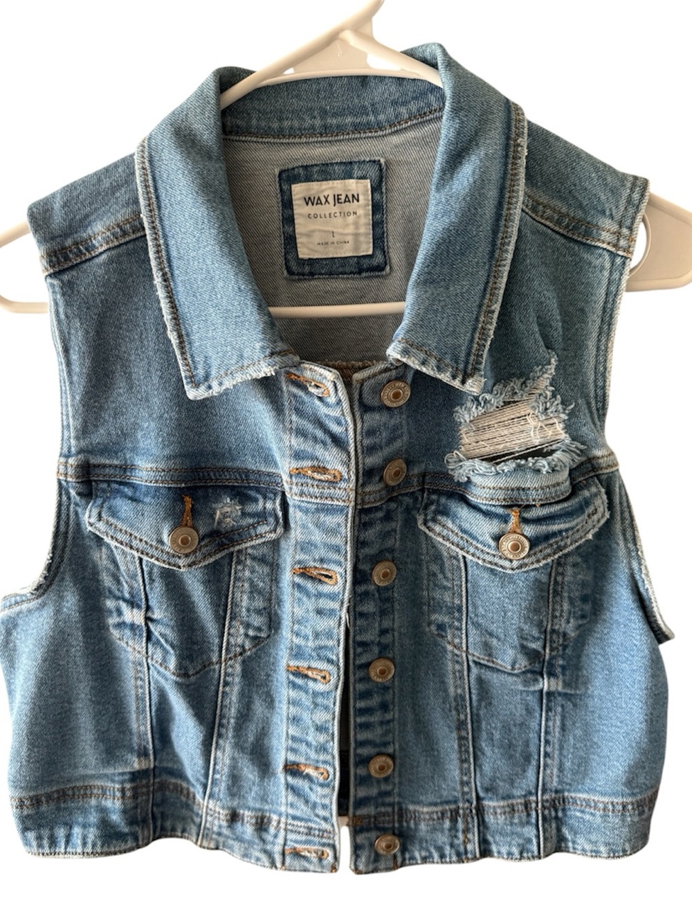 Wax Jean Light Blue Distressed Denim Vest